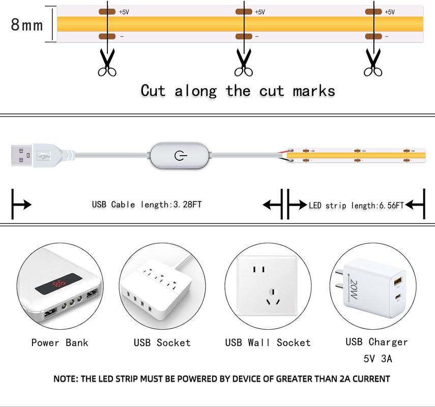 Hongtop COB Led Strip Lights 5V USB 6.56ft/2m 640LEDs Touch Stepless Dimmable 6000K Branco 13W