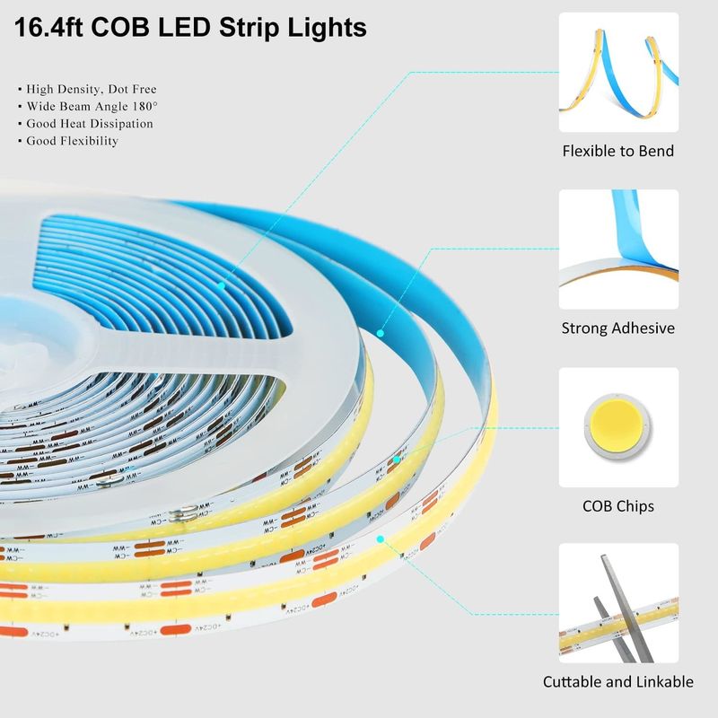 COB LED Strip Lights CCT (2700K-6500K Tunable) 2M 560LEDs/m CRI90 Led Tape Light Kit com caixa de pacote led strip para casa