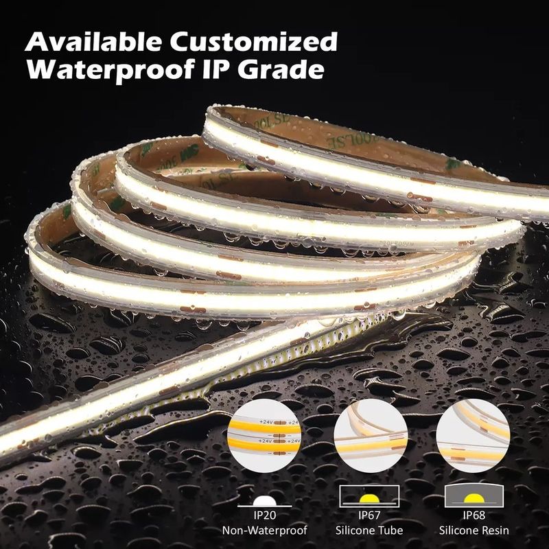 12V 24V resistente à água IP65 IP67 IP68 CRI90 Dimmable 5M Flexível COB LED Strip para Indoor Outdoor