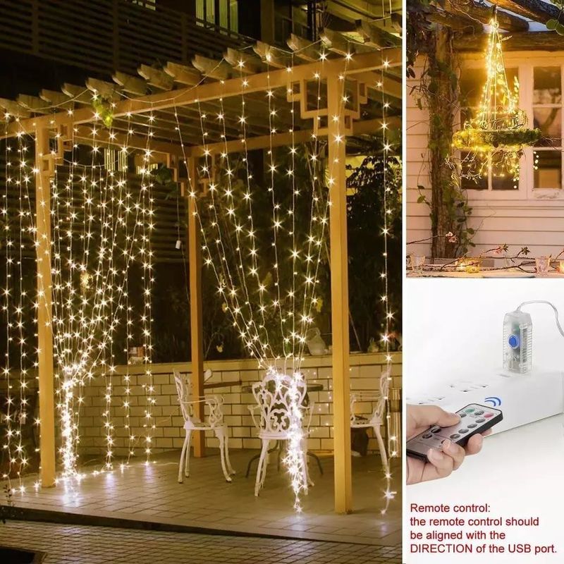 3500K Luz de cortina LED branca quente para decorações de quarto 3x2.4m 240d Modos de alimentação USB
