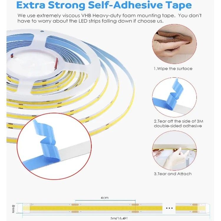 90lm/w Lâmpada Eficiência luminosa Smart COB Led Strip 12V 24V 5M 252leds para publicidade
