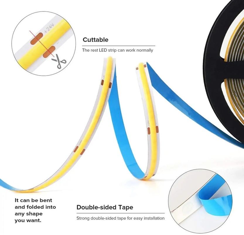 12V 24V RA 90 Alta CRI Lâmpada de fita LED 16,4FT Faixa COB cortável com Fluxo de 100lm/w
