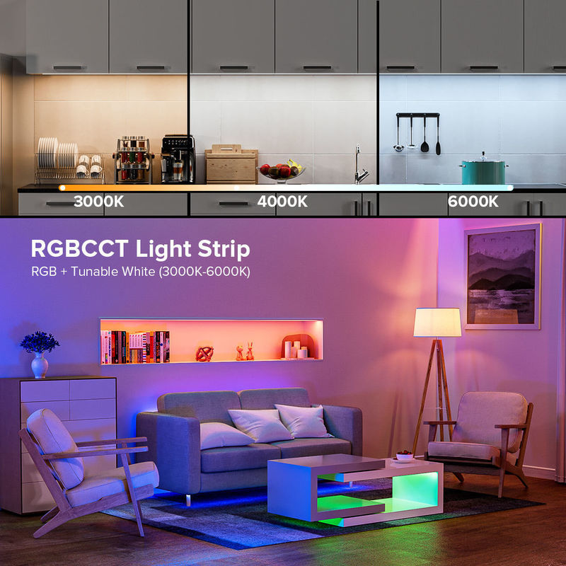 50000 horas de vida útil RGBCCT COB LED Strip Light para iluminação de sala de estar e quarto